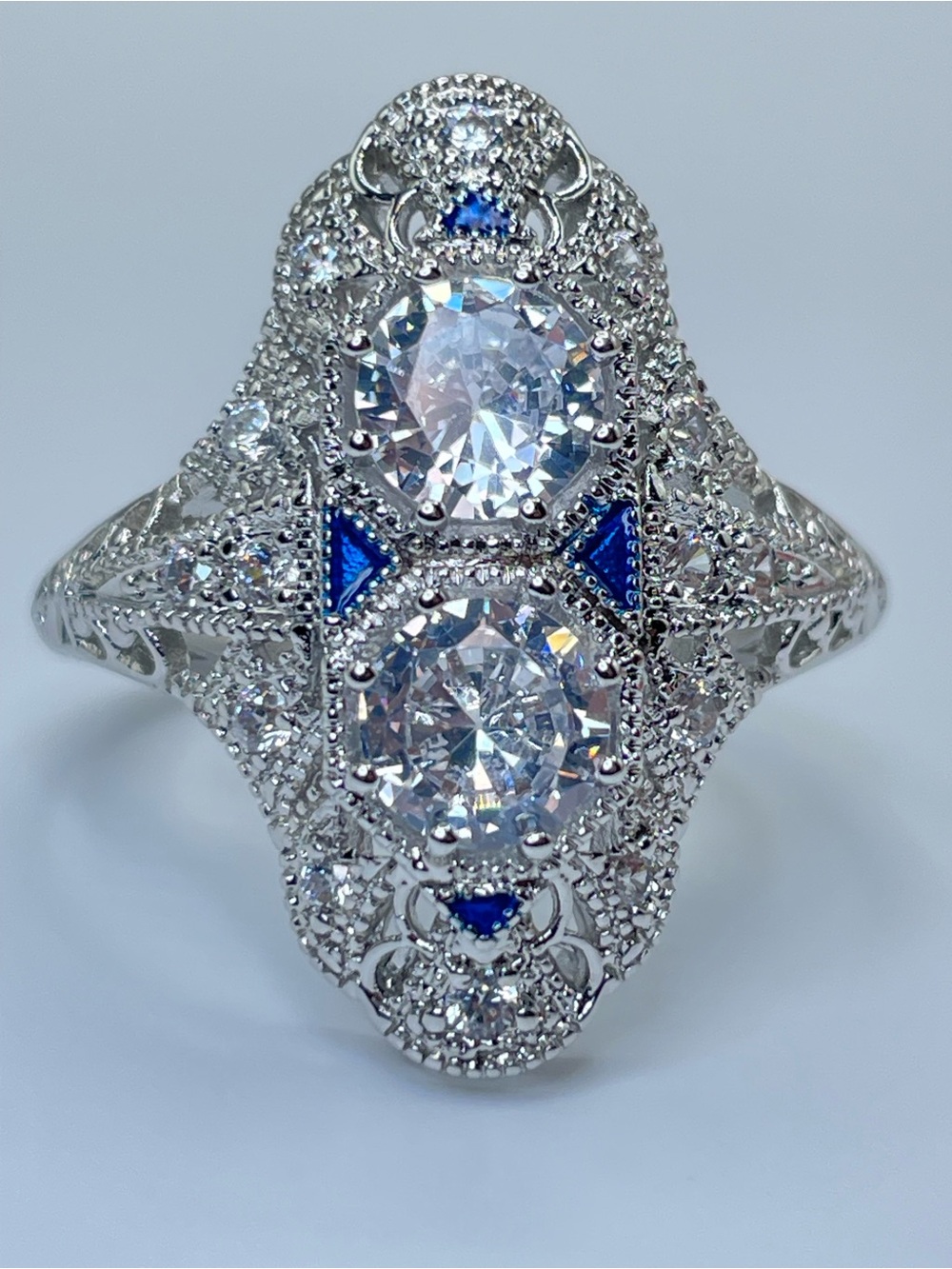 Swarovski Crystal Elements White Blue Crystal Art Deco Statement Ring Sz 9